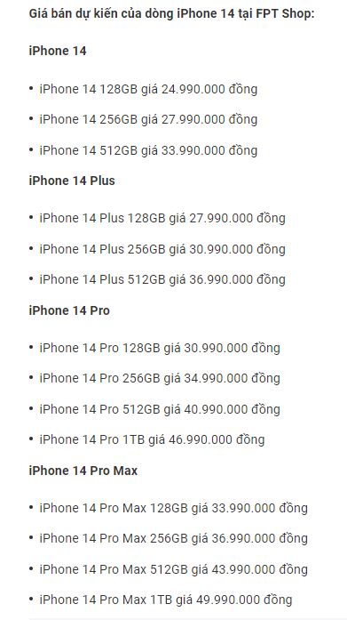 Bảng giá iphone 14 series tại FPT